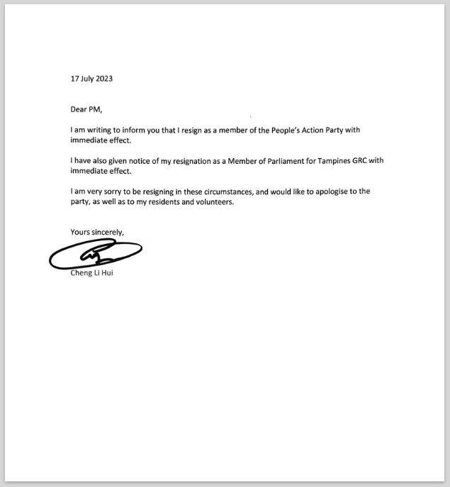 Letter From Cheng Li Hui To Prime Minister Lee Hsien Loong Jul 17 2023