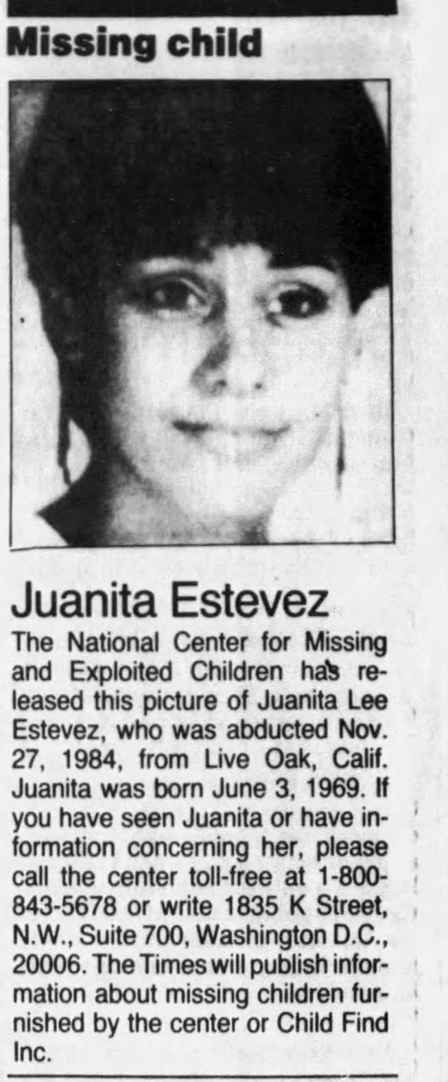 Juanita Rafaela Estevez Missing or Found, What happened to Juanita