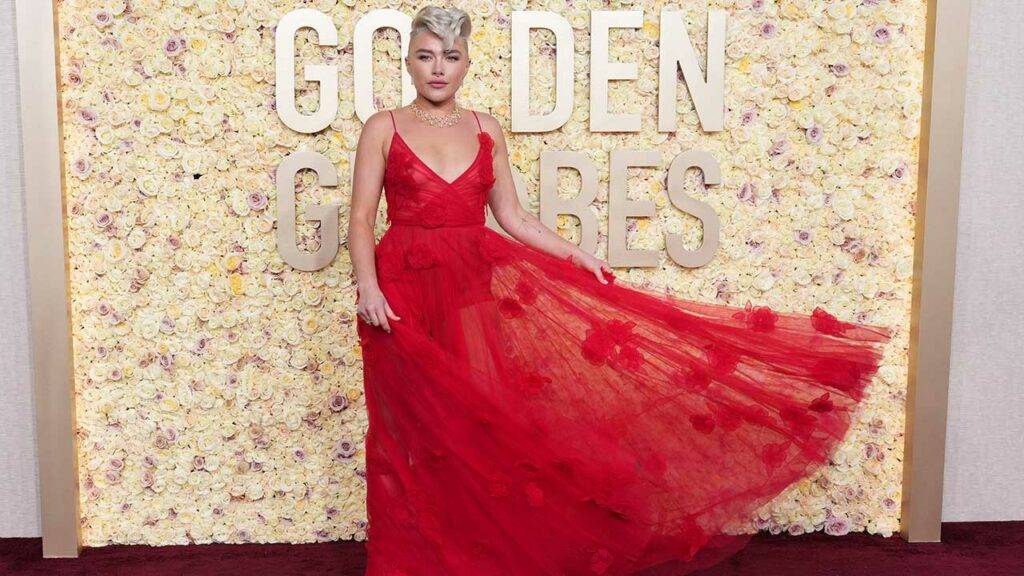 Florence Pugh's Faux Hawk Hair And New Dress At Golden Globes 2024