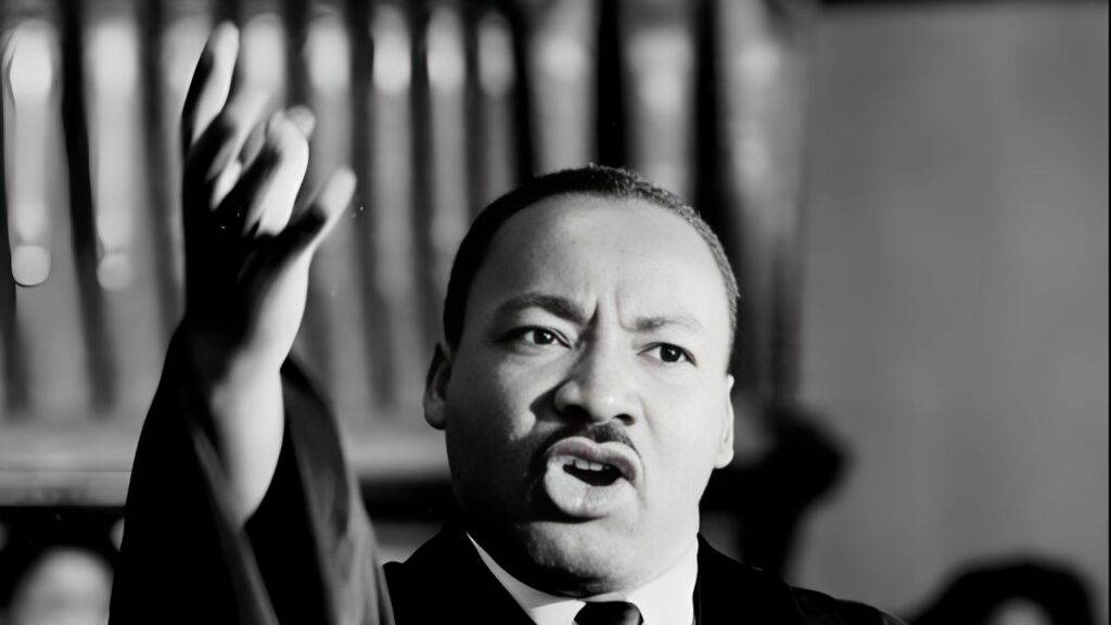 American Civil Rights leader Dr. Martin Luther King Jr. (1929 - 1968) speaks at Quinn Chapel on the South Side of Chicago